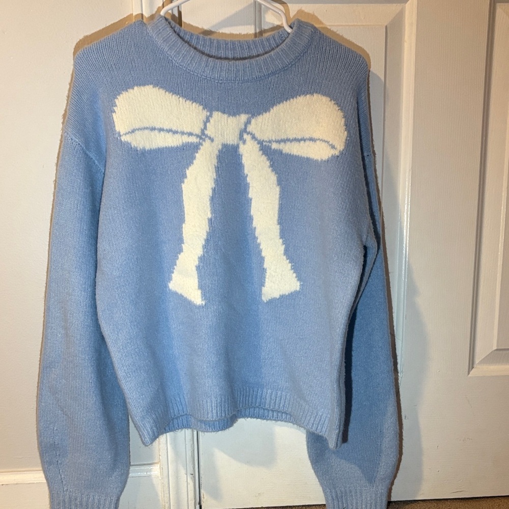 a new day Light Blue Sweater with Cream Bow